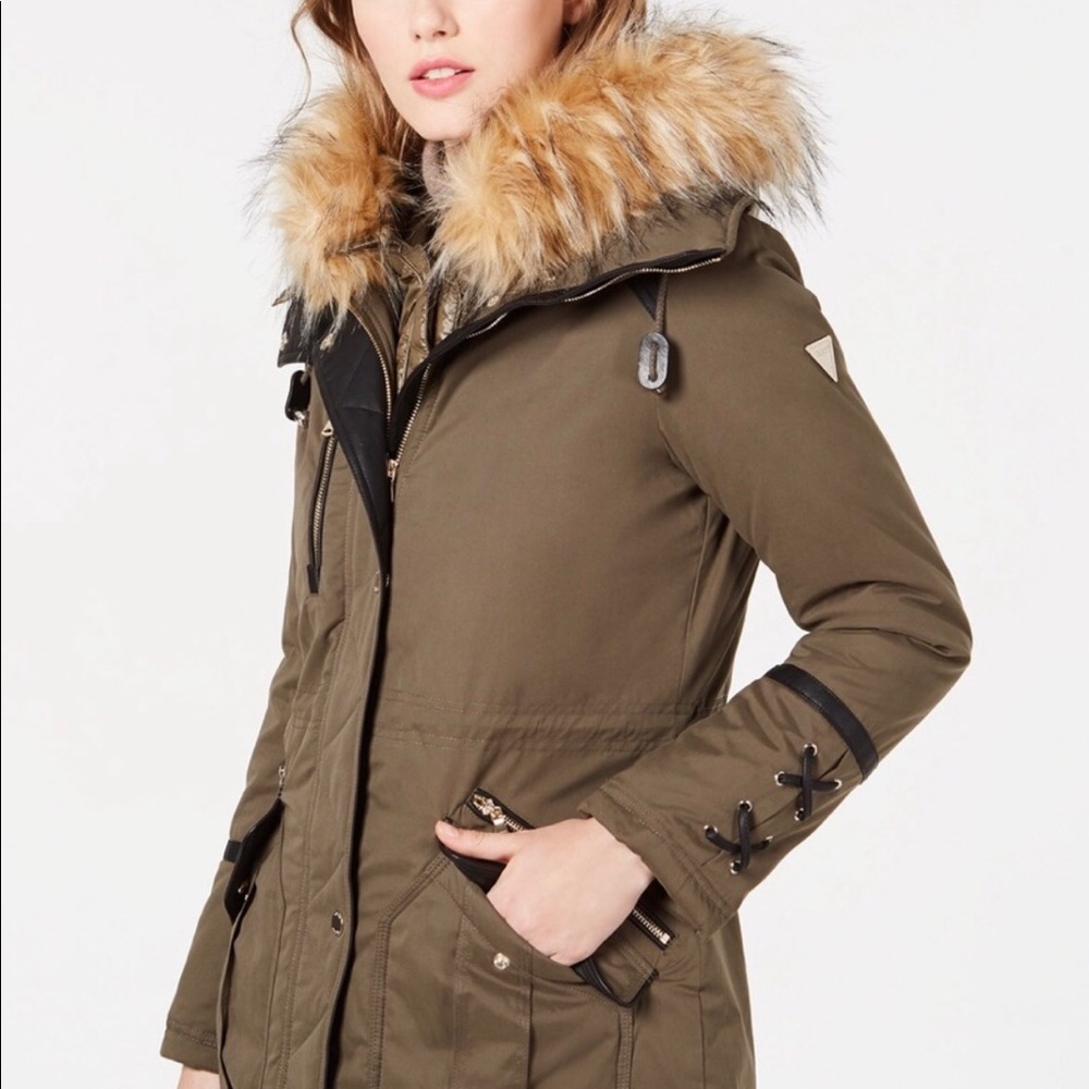 Like New!! Guess Army Green Faux Fur Jacket